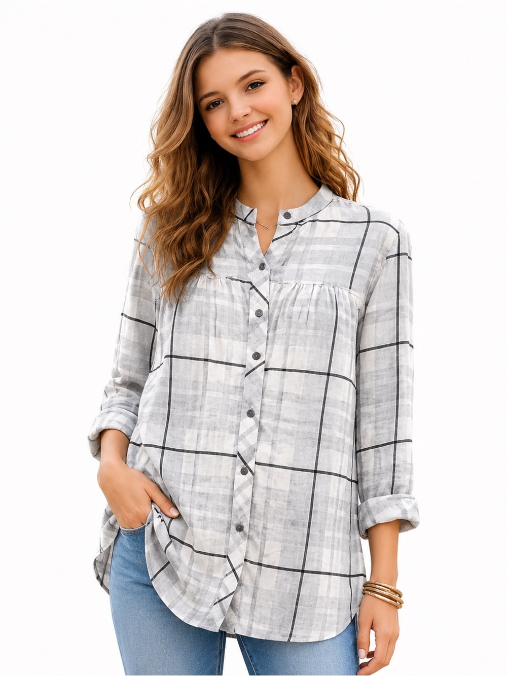 Cloth & Stone Flannel Shirt XS Gray‎ Black Plaid Button-Front Long Sleeve…